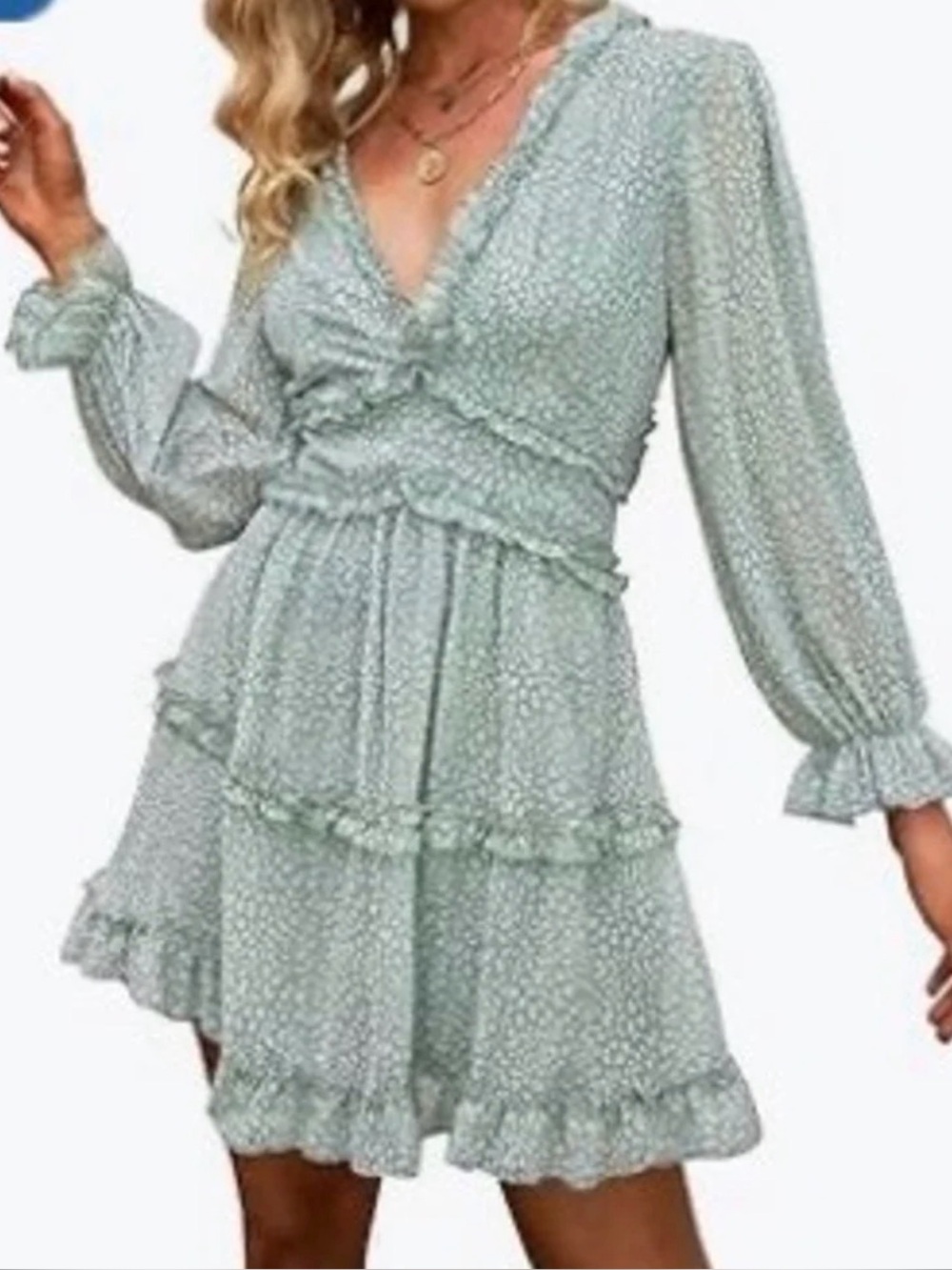 Ruffled V-Neck Tiered Mini Dress - Light Sage